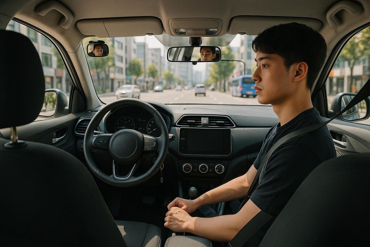 A student sitting in the driver's seat of a parked car, hands folded