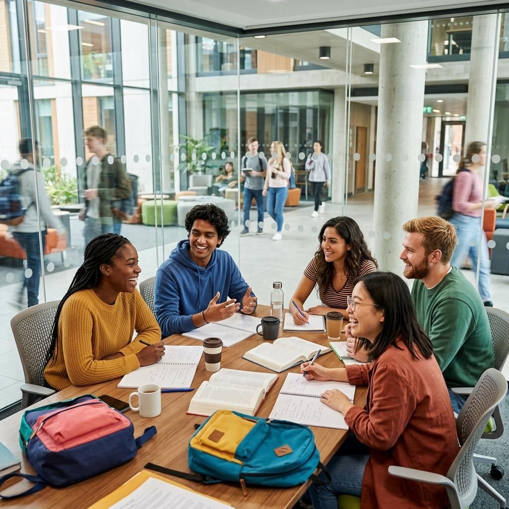 Students working through notes together around a table in a university atrium