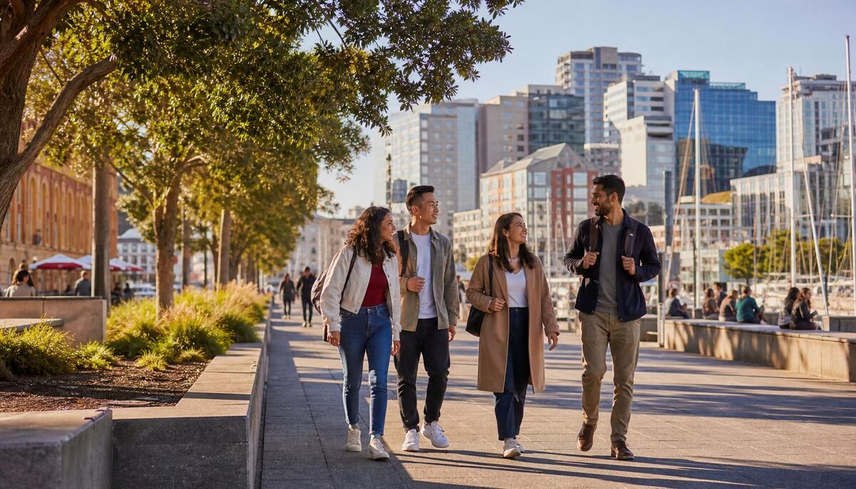 Students walking side by side along a sunny waterfront promenade